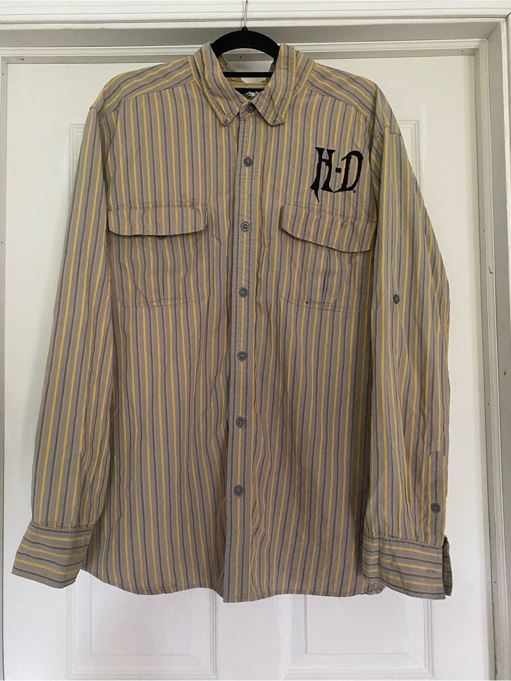 Harley Davidson Mens 2XL Embroidered Striped Button Down Shirt Biker Gray Yellow